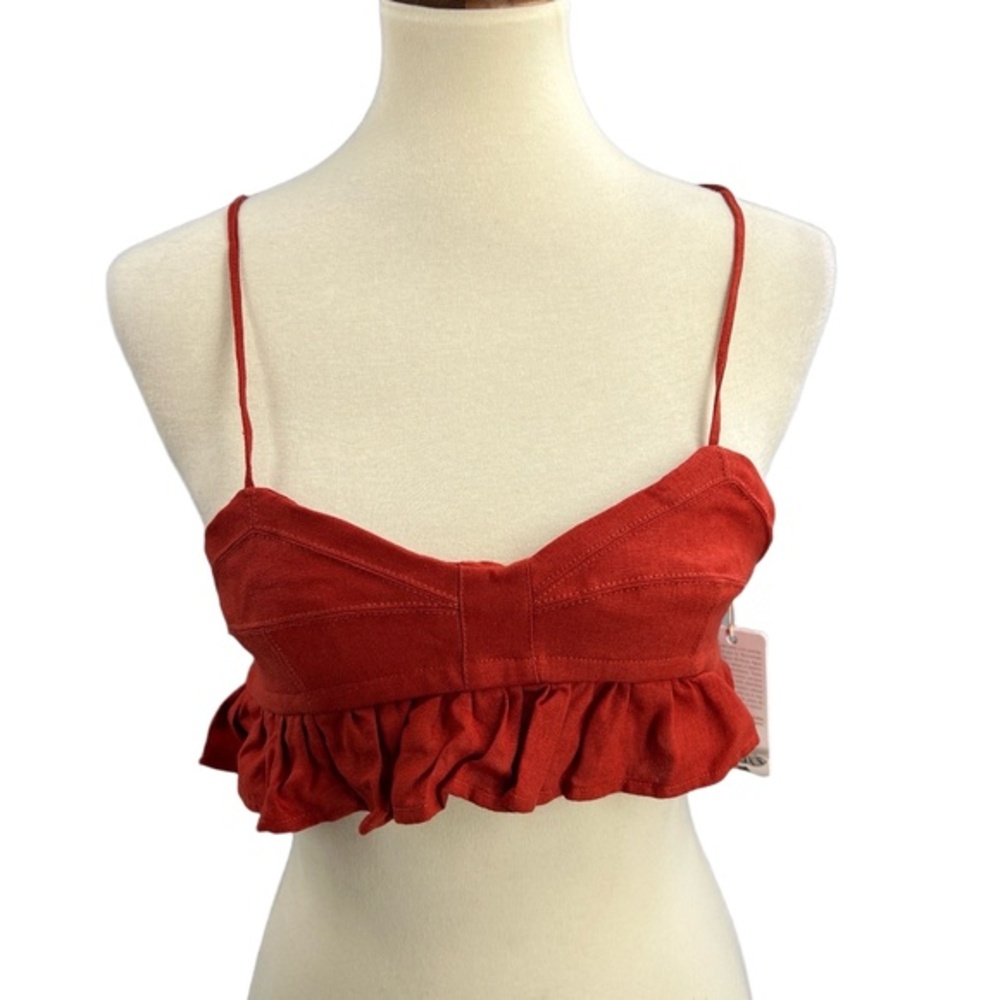 Agua Bendita Crop Top Red Linen Blend Ruffle Hem Boho Mae Praia Large New